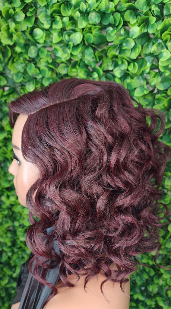 99J Burgundy Lace Front Wig Curly Bob Hairstyle Loose Curl Preplucked Glueless Lace Wig Swoop Bang Dark Plum Wine Hair Wig - Beauty Blessings LLC