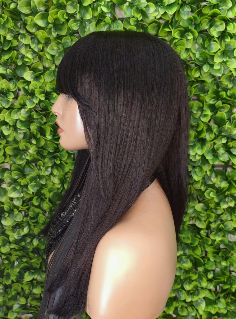 Swoop Bangs 100% Human Hair Wig Brazilian Remy Straight Hair Layered Hairstyle Glueless Wig Medium Length Hair Light Yaki Texture - Beauty Blessings LLC