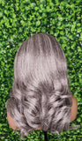 Salt Pepper Gray Lace Front Wig Mix Gray Afro Blowout Yaki Texture Side Part Swoop Bang HD Lace Glueless Wig Loose Curl Natural Hair Wig - Beauty Blessings LLC