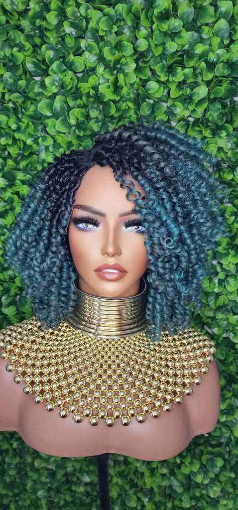 Green Hair Wig Kinky Twist Hair Side Part Lace Front Lace Part Wig Natural Hairline Kinky Curly Hairstyle Wig - Beauty Blessings LLC