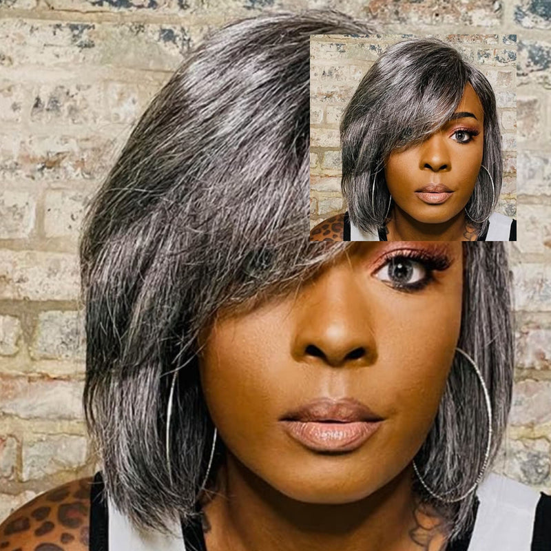 Salt and Pepper Gray Wig 100% Human Hair Remy Bob Hairstyle Wig Voluminous Hair Gray Light Yaki Hair Texture Wig - Beauty Blessings LLC