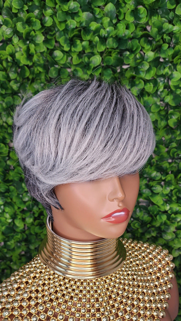 Salt and Pepper Gray Wig With Bangs Pixie Cut Swoop Bang Short Silver Light Gray Wigs For Women - Beauty Blessings LLC