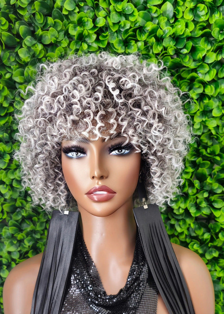 Human Hair Salt Pepper Gray Wig Pixie Cut Kinky Coil Curly Hair Wig Yaki Gray Hair Natural Mix Grey Hair Curl  Glueless Wig