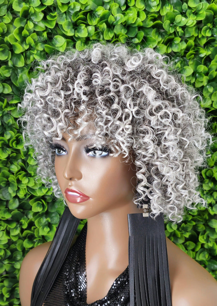 Human Hair Salt Pepper Gray Wig Pixie Cut Kinky Coil Curly Hair Wig Yaki Afro Gray Hair Natural Mix Grey Hair Curl  Glueless Wig - Beauty Blessings LLC