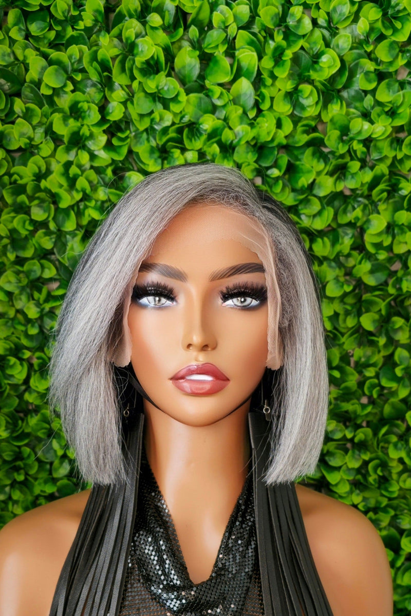 Salt Pepper Wig Bob HD Lace Front Wig 4C Edges Mix Salt Pepper Gray Wigs Kinky Yaki Texture Short Bob Hair Natural Hairline Wig - Beauty Blessings LLC