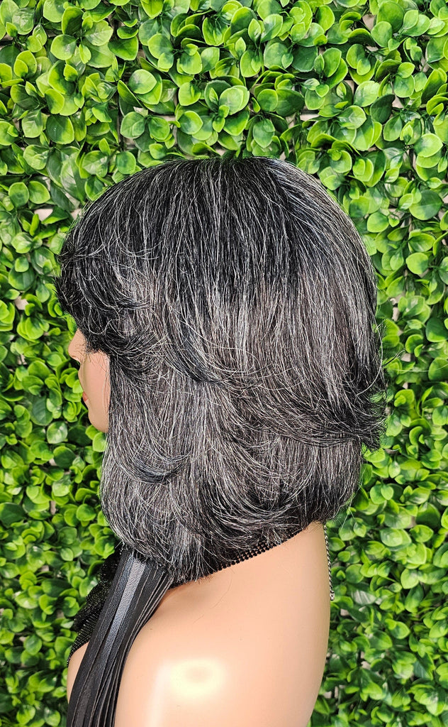 Gray Bob 100% Human Hair Wig Peruvian Remy Short Cut Hair Straight Bob Hairstyle Layered Hair Bob Wig with Bangs Dark Salt Pepper Wig - Beauty Blessings LLC