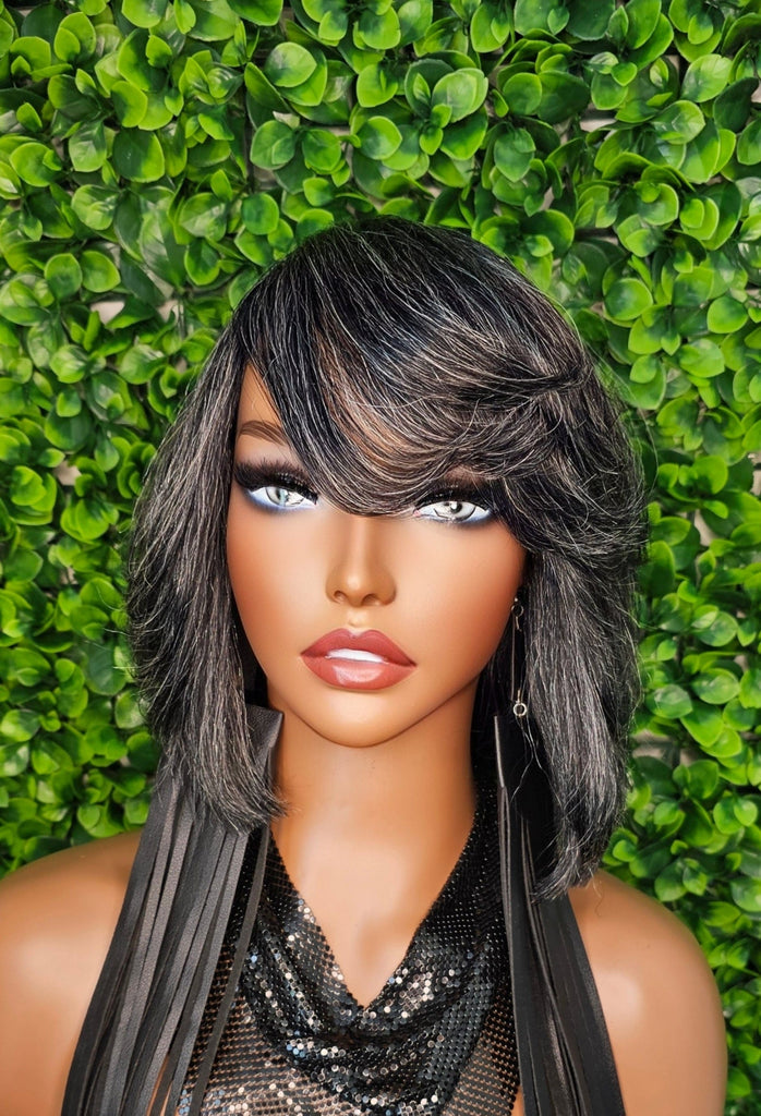 Gray Bob 100% Human Hair Wig Peruvian Remy Short Cut Hair Straight Bob Hairstyle Layered Hair Bob Wig with Bangs Dark Salt Pepper Wig - Beauty Blessings LLC