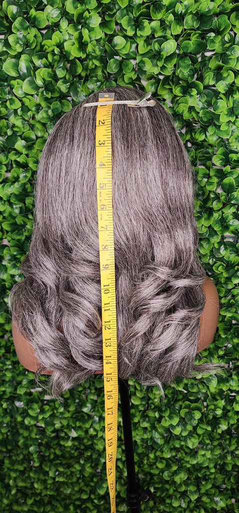 Salt Pepper Gray Lace Front Wig Mix Gray Afro Blowout Yaki Texture Side Part Swoop Bang HD Lace Glueless Wig Loose Curl Natural Hair Wig - Beauty Blessings LLC