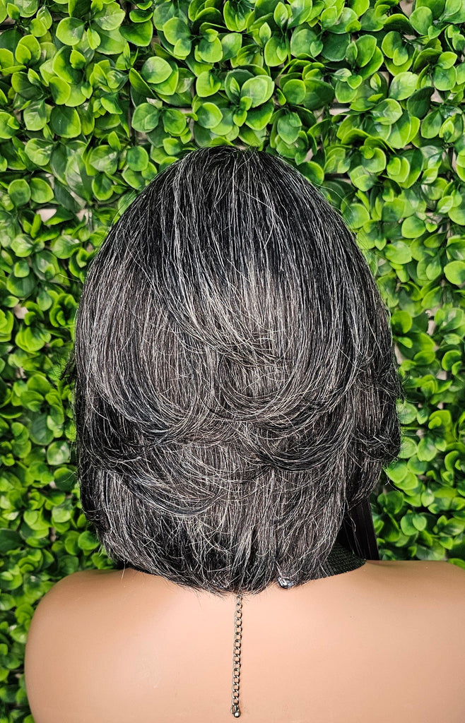 Gray Bob 100% Human Hair Wig Peruvian Remy Short Cut Hair Straight Bob Hairstyle Layered Hair Bob Wig with Bangs Dark Salt Pepper Wig - Beauty Blessings LLC