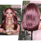 Ombre Brown Burgundy Copper Hair Wig Yaki Texture Blow Out Hairstyle Lace Front Glueless Wig Straight Coarse Kinky Medium Length Hair Wig - Beauty Blessings LLC