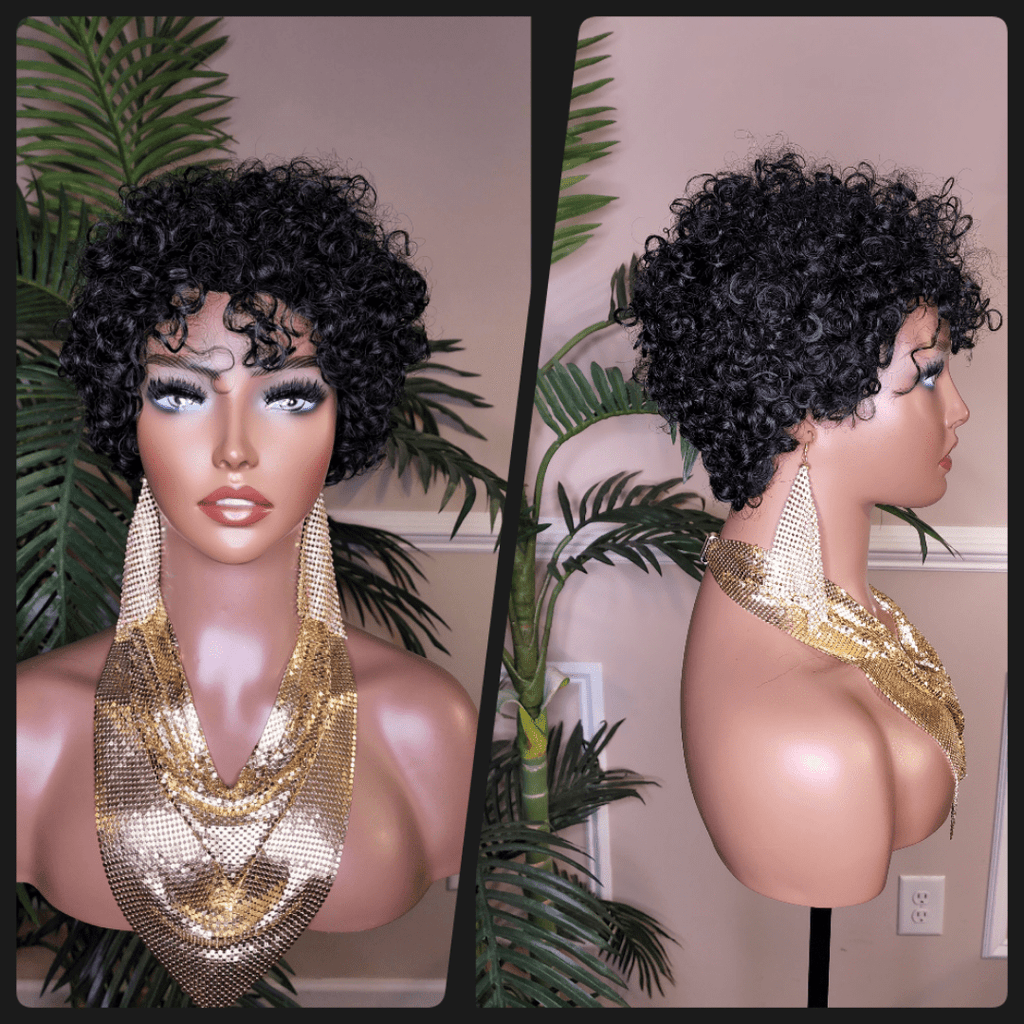 Black Curly Hair Brazilian Remy 100% Human Hair Pixie Cut Curl Hair Wig Soft Cut Curly Water Wave Hair Protective Hairstyle Wig - Beauty Blessings LLC