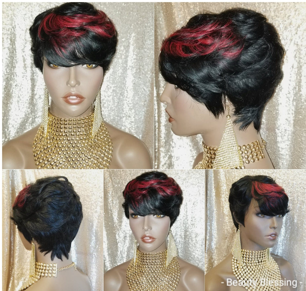 Wig Pixie Cut Brazilian Remy 100% Human Hair Wig Sleek Full Cap Colored Top Women Fashion Wig - Beauty Blessing Wigs & Hair Extensions Boutique