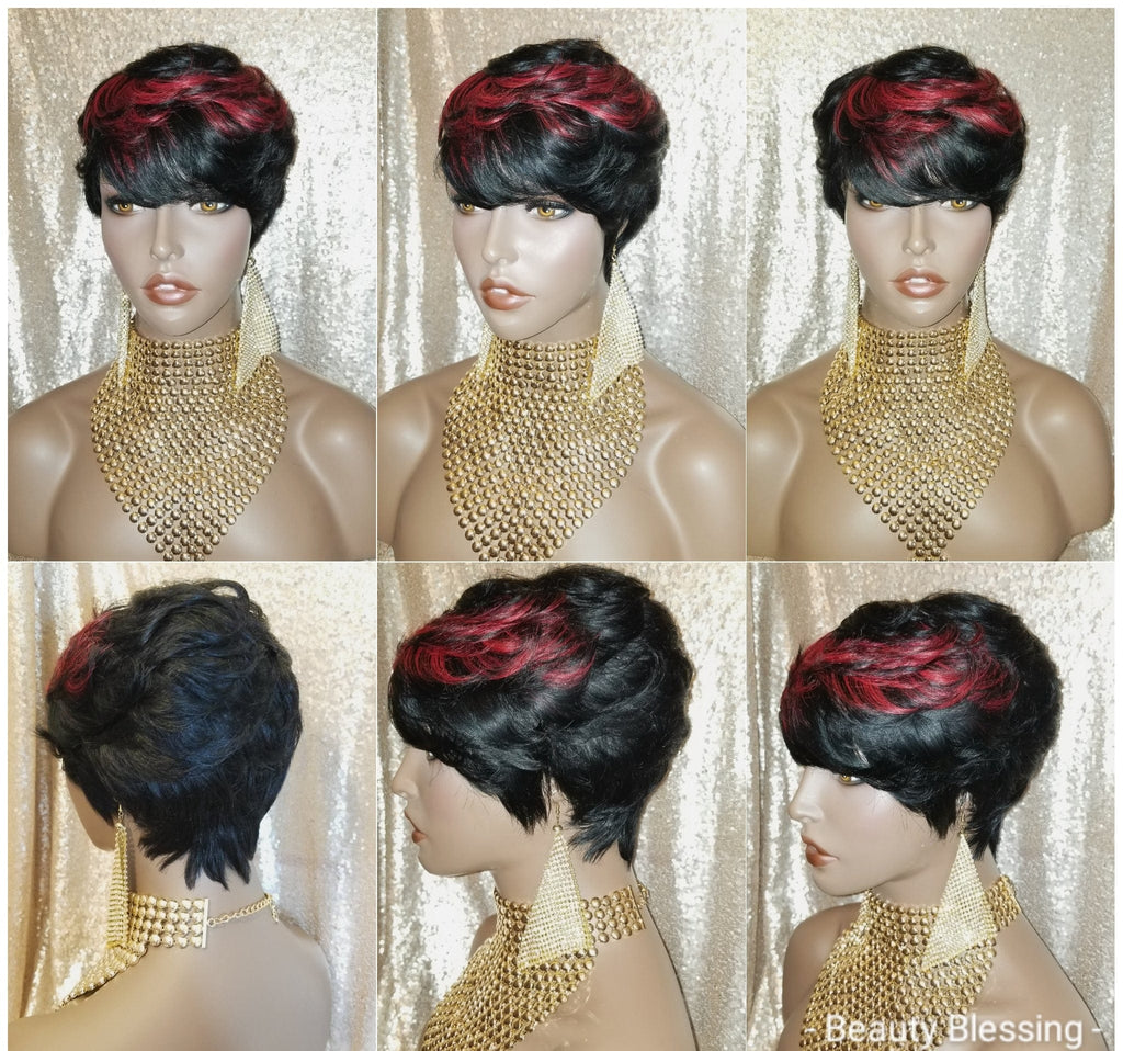 Wig Pixie Cut Brazilian Remy 100% Human Hair Wig Sleek Full Cap Colored Top Women Fashion Wig - Beauty Blessing Wigs & Hair Extensions Boutique