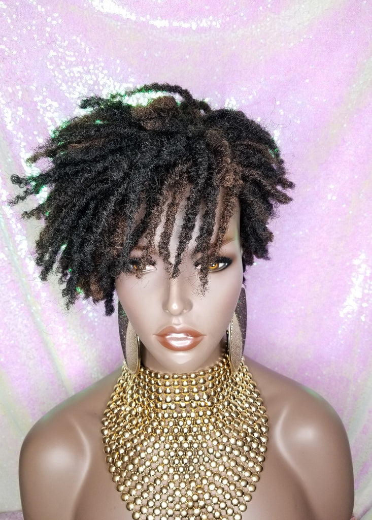 Afrocentric Short Kinky Curl Coil Twist Dread Locks Natural Style Full Cap Wig with Bangs - Beauty Blessing Wigs & Hair Extensions Boutique