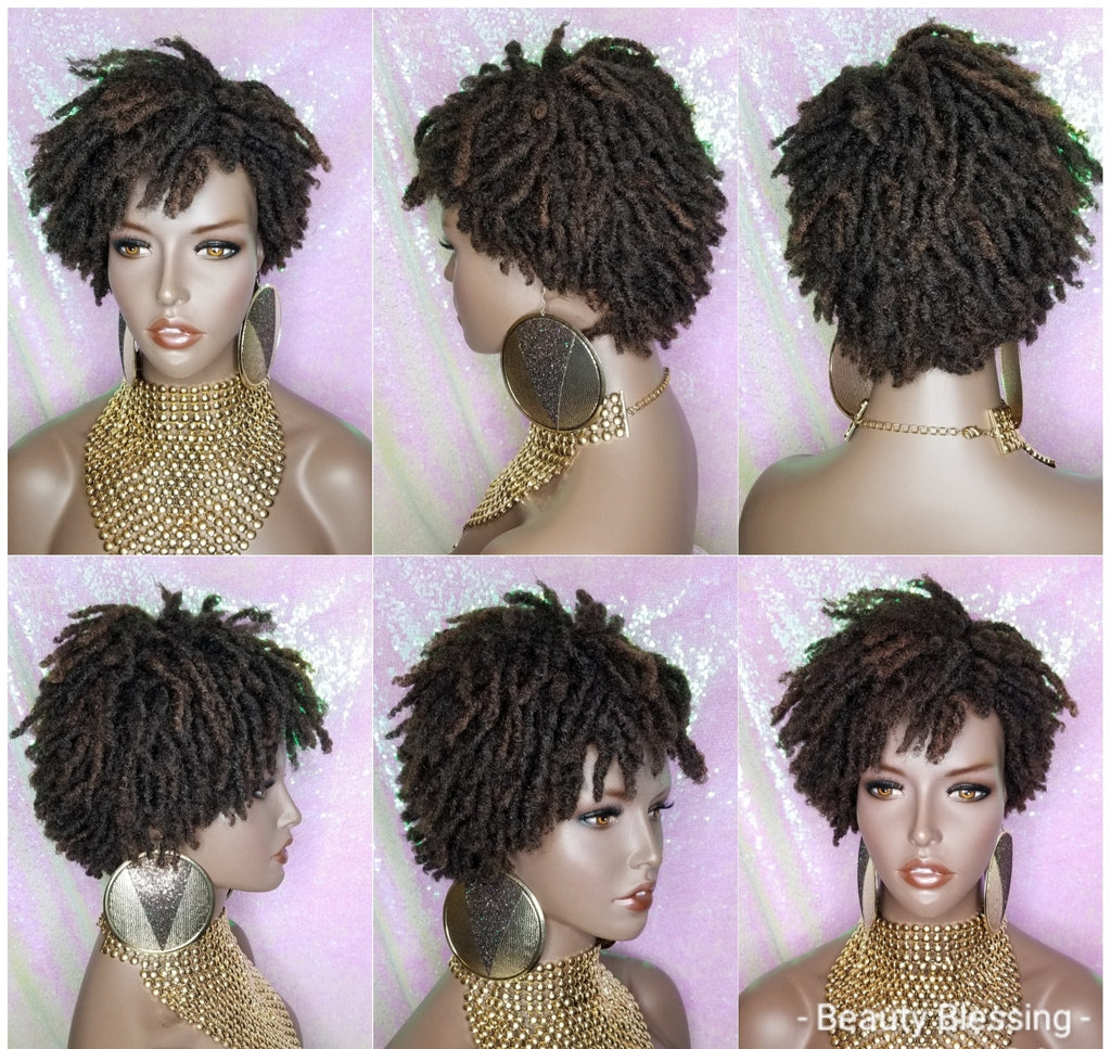 Afrocentric Short Kinky Curl Coil Twist Dread Locks Natural Style Full Cap Wig with Bangs - Beauty Blessing Wigs & Hair Extensions Boutique