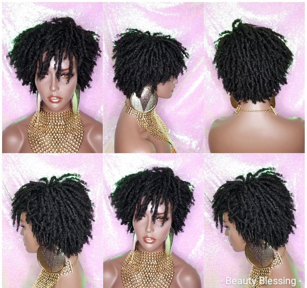 Afrocentric Short Kinky Curl Coil Twist Dread Locks Natural Style Full Cap Wig with Bangs - Beauty Blessing Wigs & Hair Extensions Boutique