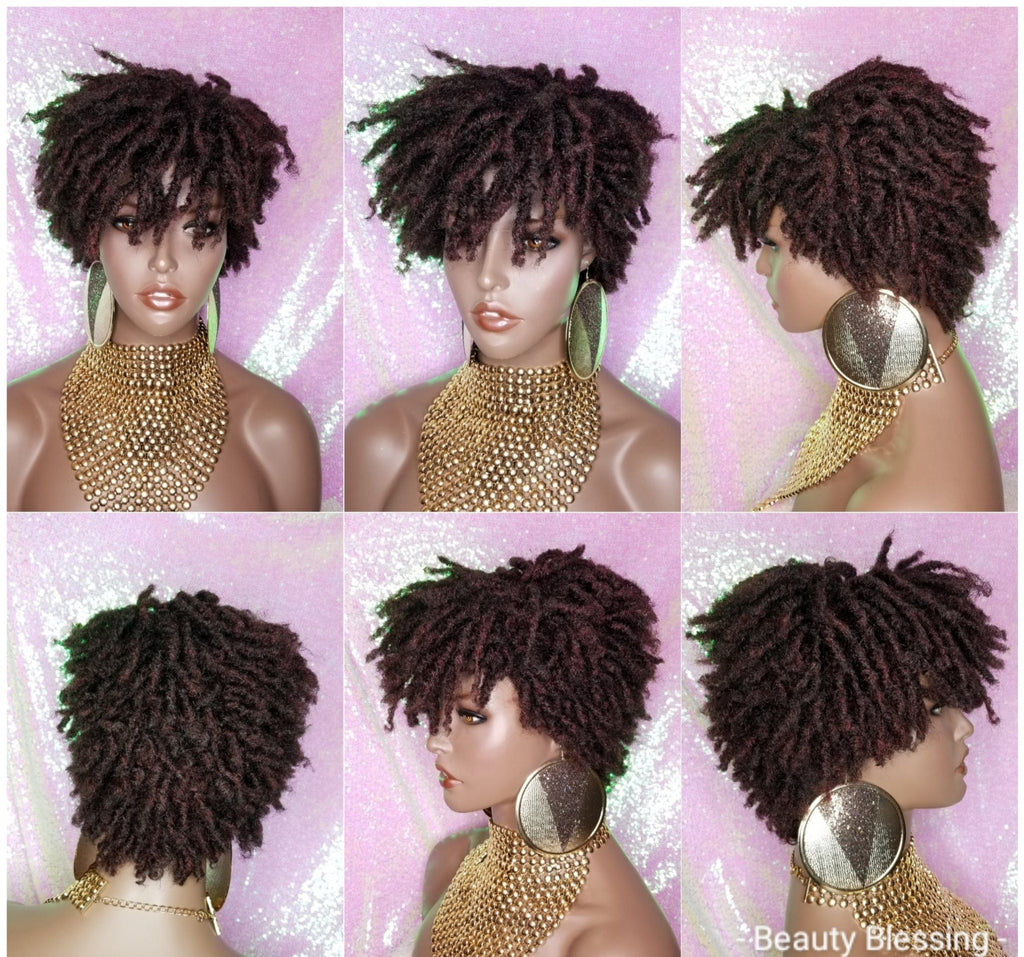 Afrocentric Short Kinky Curl Coil Twist Dread Locks Natural Style Full Cap Wig with Bangs - Beauty Blessing Wigs & Hair Extensions Boutique