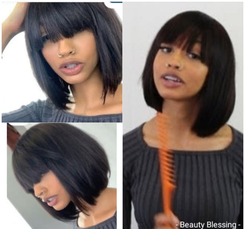 Short Bob Bang Style Brazilian Remy 100% Human Hair Wig - Beauty Blessing Wigs & Hair Extensions Boutique