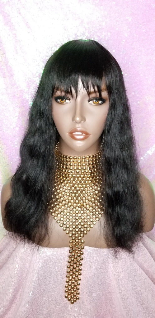 Wig Virgin Brazilian Remy 100% Human Hair Natural Loose Waves Full Wig with Bangs - Beauty Blessing Wigs & Hair Extensions Boutique