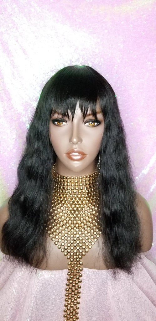 Wig Virgin Brazilian Remy 100% Human Hair Natural Loose Waves Full Wig with Bangs - Beauty Blessing Wigs & Hair Extensions Boutique