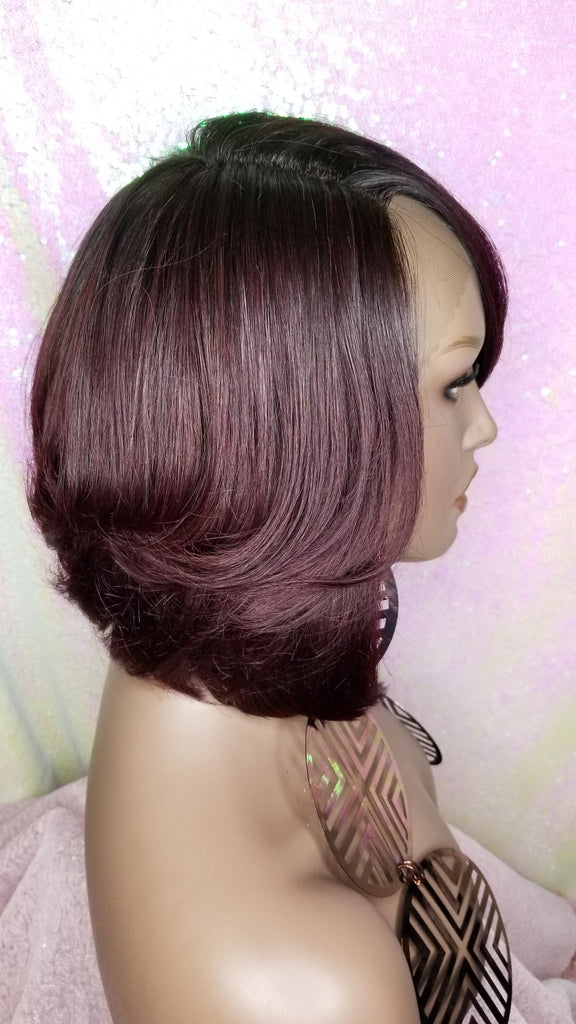 Glueless Brazilian Remy  Lace Front Human Hair Wig Straight Dark Plum Wine 99J Short Bob  - Beauty Blessing Wigs & Hair Extensions Boutique