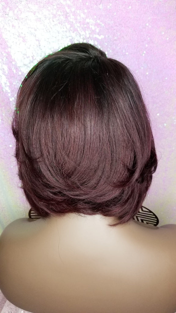Glueless Brazilian Remy  Lace Front Human Hair Wig Straight Dark Plum Wine 99J Short Bob  - Beauty Blessing Wigs & Hair Extensions Boutique