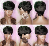Wig Razor Cut Pixie Cut Peruvian Remy Human Hair Wigs Short Swoop Bang Black Glueless Wig