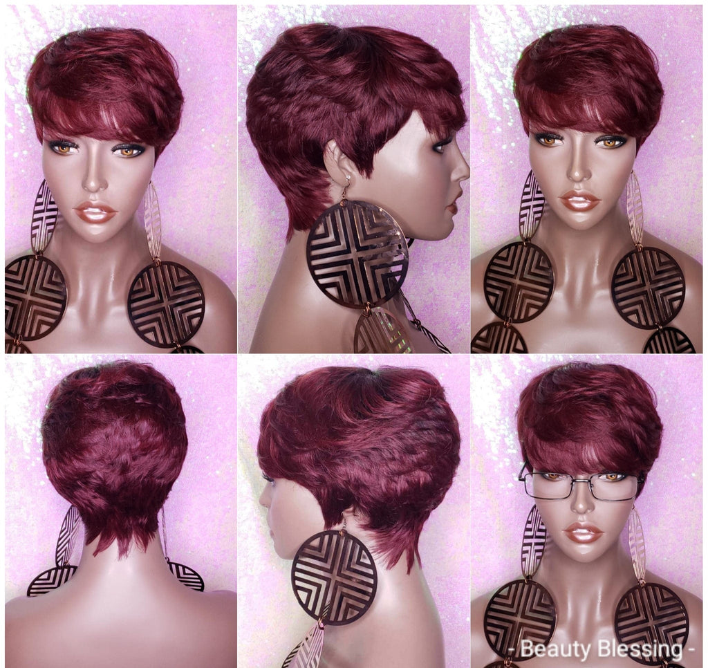 Short Hair Cut Pixie Cut Peruvian Remy Human Hair Wigs Burgundy Wigs - Beauty Blessing Wigs & Hair Extensions Boutique