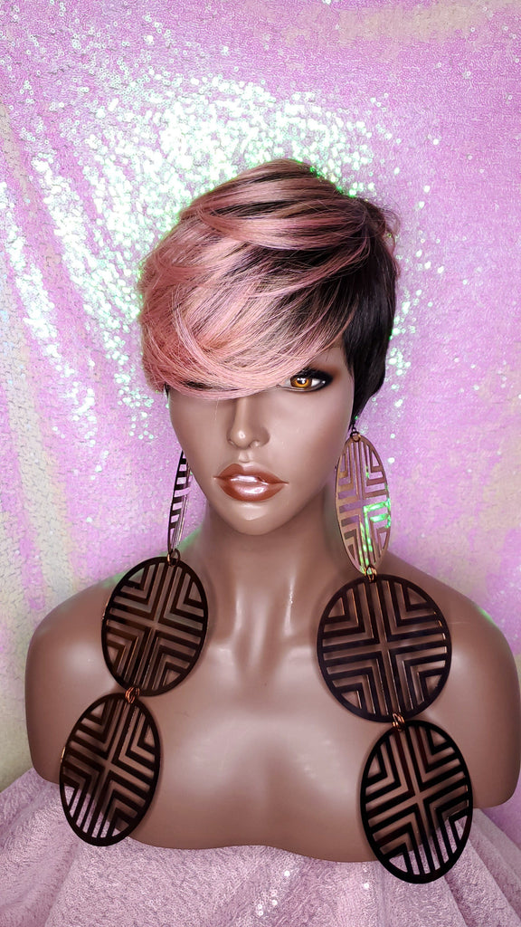 Wig Short Wig  Pixie Cut Style with Swoop Bangs Wigs for Women Light Pink Rosado Rose  Hair Color - Beauty Blessing Wigs & Hair Extensions Boutique