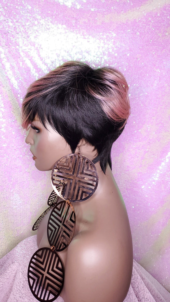 Wig Short Wig  Pixie Cut Style with Swoop Bangs Wigs for Women Light Pink Rosado Rose  Hair Color - Beauty Blessing Wigs & Hair Extensions Boutique