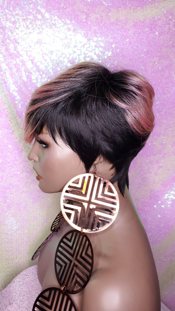 Wig Short Wig  Pixie Cut Style with Swoop Bangs Wigs for Women Light Pink Rosado Rose  Hair Color - Beauty Blessing Wigs & Hair Extensions Boutique