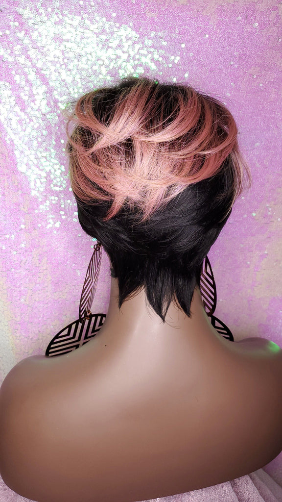 Wig Short Wig  Pixie Cut Style with Swoop Bangs Wigs for Women Light Pink Rosado Rose  Hair Color - Beauty Blessing Wigs & Hair Extensions Boutique