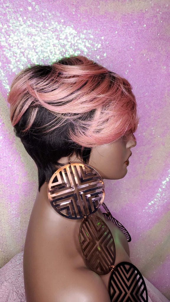 Wig Short Wig  Pixie Cut Style with Swoop Bangs Wigs for Women Light Pink Rosado Rose  Hair Color - Beauty Blessing Wigs & Hair Extensions Boutique