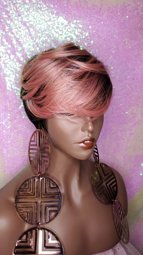 Wig Short Wig  Pixie Cut Style with Swoop Bangs Wigs for Women Light Pink Rosado Rose  Hair Color - Beauty Blessing Wigs & Hair Extensions Boutique