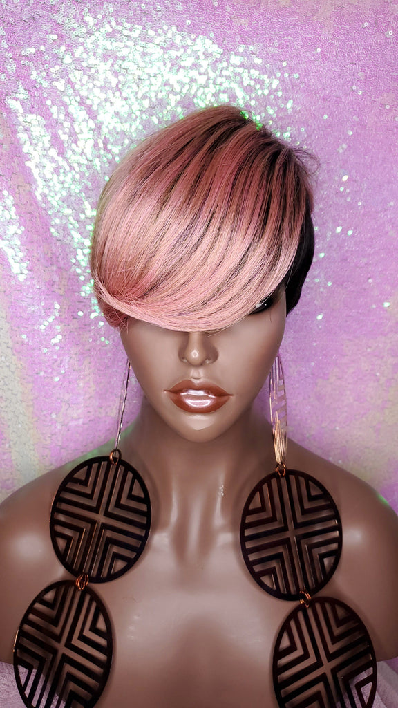 Wig Short Wig  Pixie Cut Style with Swoop Bangs Wigs for Women Light Pink Rosado Rose  Hair Color - Beauty Blessing Wigs & Hair Extensions Boutique