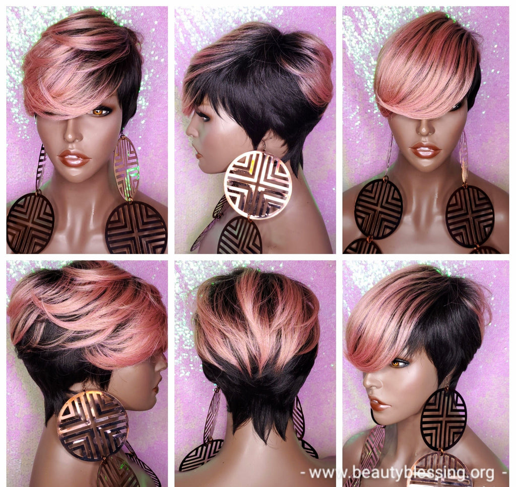 Wig Short Wig  Pixie Cut Style with Swoop Bangs Wigs for Women Light Pink Rosado Rose  Hair Color - Beauty Blessing Wigs & Hair Extensions Boutique