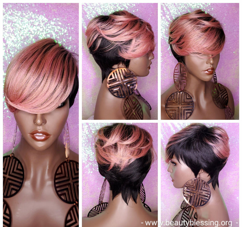 Wig Short Wig  Pixie Cut Style with Swoop Bangs Wigs for Women Light Pink Rosado Rose  Hair Color - Beauty Blessing Wigs & Hair Extensions Boutique