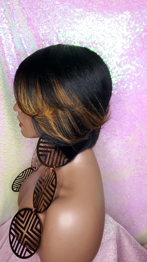 Short Bob Remy Human Hair Bob Style Wig Auburn Streak Bangs - Beauty Blessing Wigs & Hair Extensions Boutique