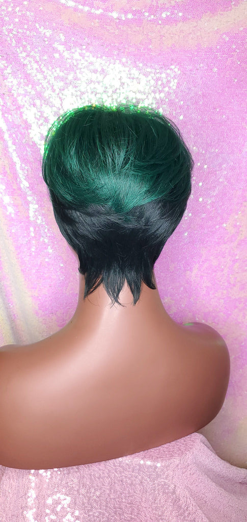 Ombre Green Mix Short Wig  Pixie Cut Style with Swoop Bangs Wig Premium Fiber Hair - Beauty Blessing Wigs & Hair Extensions Boutique
