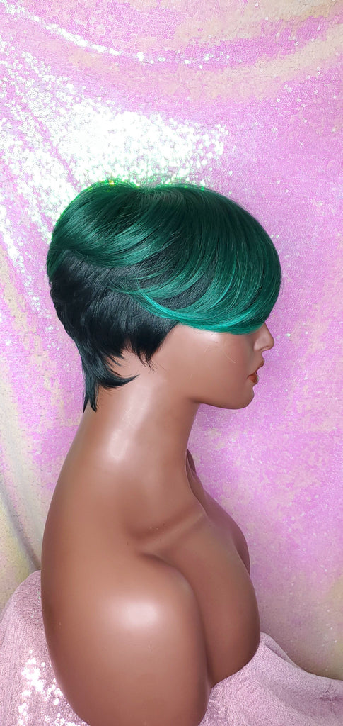 Ombre Green Mix Short Wig  Pixie Cut Style with Swoop Bangs Wig Premium Fiber Hair - Beauty Blessing Wigs & Hair Extensions Boutique