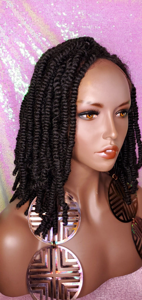Spring Twist Bob Lace Wig Kinky Twist Braid Hair Lace Front Wig Flexible Parting Bob Lace Wig Layered African Twist Short Hair Premium Fiber Hair - Beauty Blessing Wigs & Hair Extensions Boutique