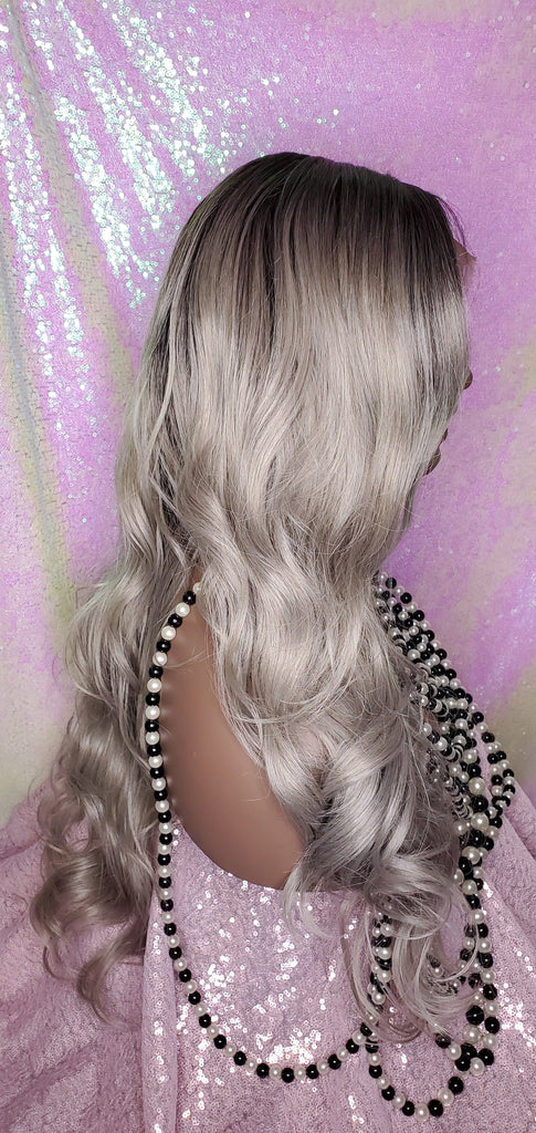 Long Loose Curl Ombre Smoky Gray Glueless Lace Wig Premium Fiber Hair - Beauty Blessing Wigs & Hair Extensions Boutique