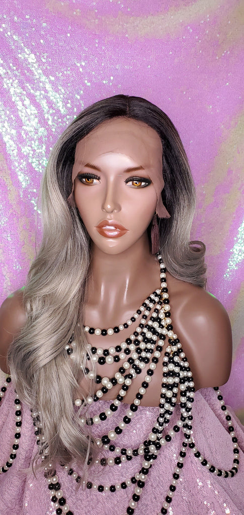 Long Loose Curl Ombre Smoky Gray Glueless Lace Wig Premium Fiber Hair - Beauty Blessing Wigs & Hair Extensions Boutique