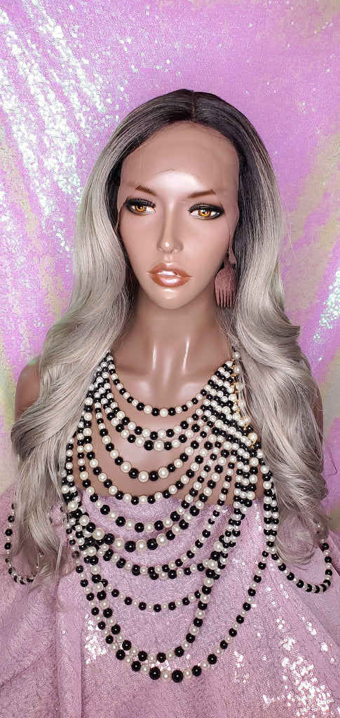 Long Loose Curl Ombre Smoky Gray Glueless Lace Wig Premium Fiber Hair - Beauty Blessing Wigs & Hair Extensions Boutique