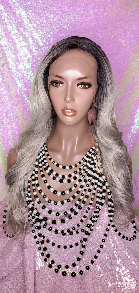 Long Loose Curl Ombre Smoky Gray Glueless Lace Wig Premium Fiber Hair - Beauty Blessing Wigs & Hair Extensions Boutique