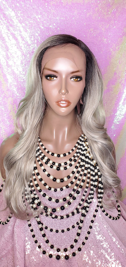 Long Loose Curl Ombre Smoky Gray Glueless Lace Wig Premium Fiber Hair - Beauty Blessing Wigs & Hair Extensions Boutique