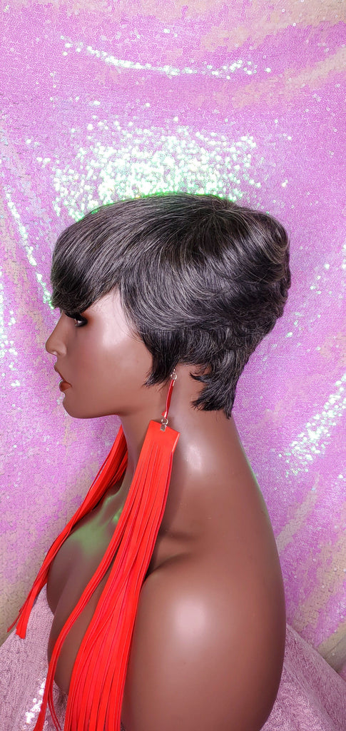 Salt Pepper Gray Hair Wig Swoop Bang Pixie Cut Indian Remy Human Hair Wig Colored Gray Hair Wig - Beauty Blessing Wigs & Hair Extensions Boutique