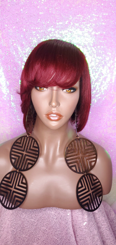 Short Cut Bob Indian Remy 100% Human Hair Wig Swoop Bang Wig Burgundy Hair Bob Wig - Beauty Blessing Wigs & Hair Extensions Boutique
