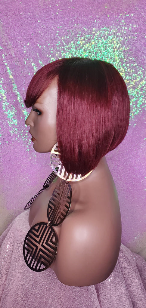 Short Cut Bob Indian Remy 100% Human Hair Wig Swoop Bang Wig Burgundy Hair Bob Wig - Beauty Blessing Wigs & Hair Extensions Boutique