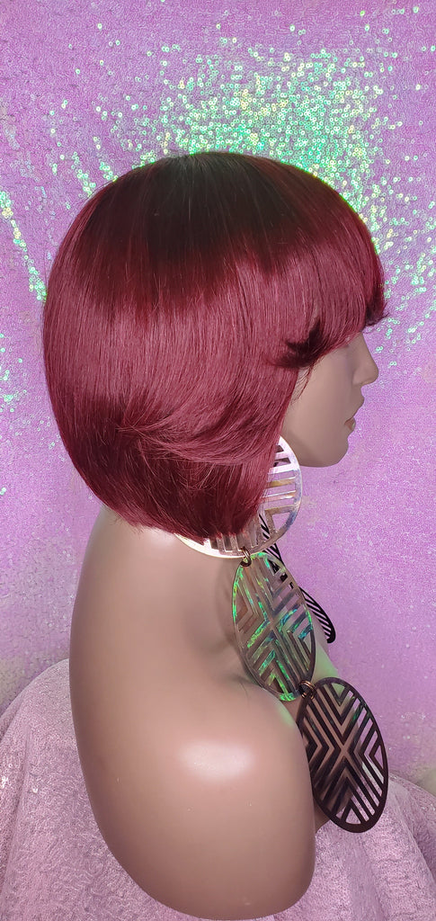 Short Cut Bob Indian Remy 100% Human Hair Wig Swoop Bang Wig Burgundy Hair Bob Wig - Beauty Blessing Wigs & Hair Extensions Boutique